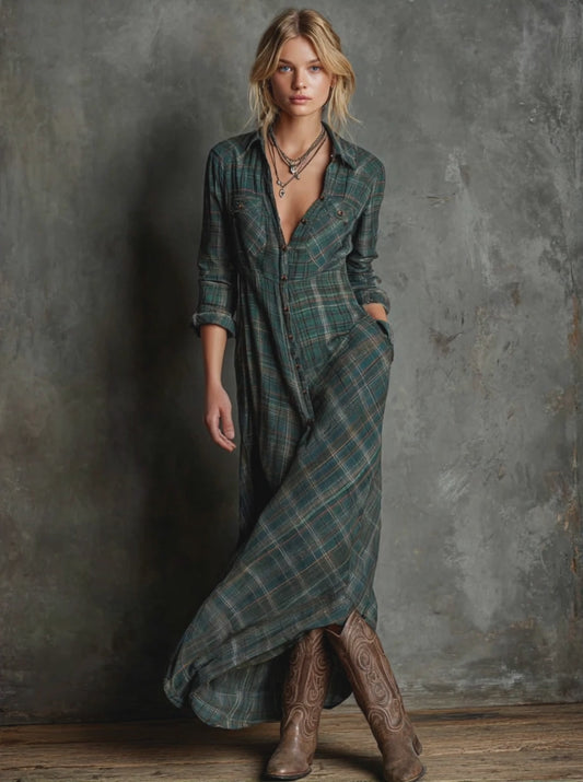 Women's Plaid Lapel Single-Breasted Shirt Maxi Dress