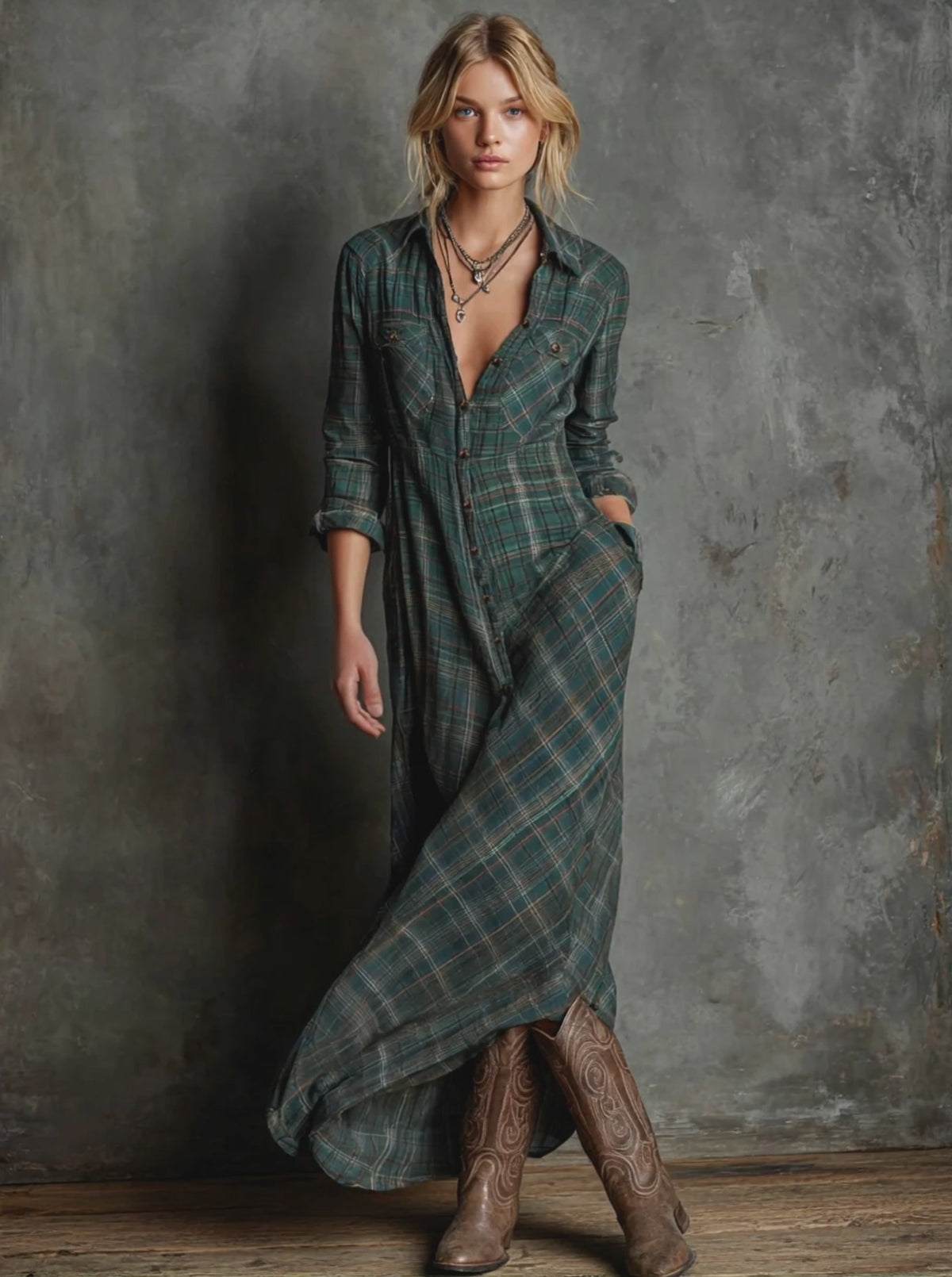 Women's Plaid Lapel Single-Breasted Shirt Maxi Dress