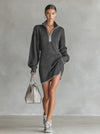 Women's Fashion Loose Knit White Trim Zipper Polo Neck Mini Dressk