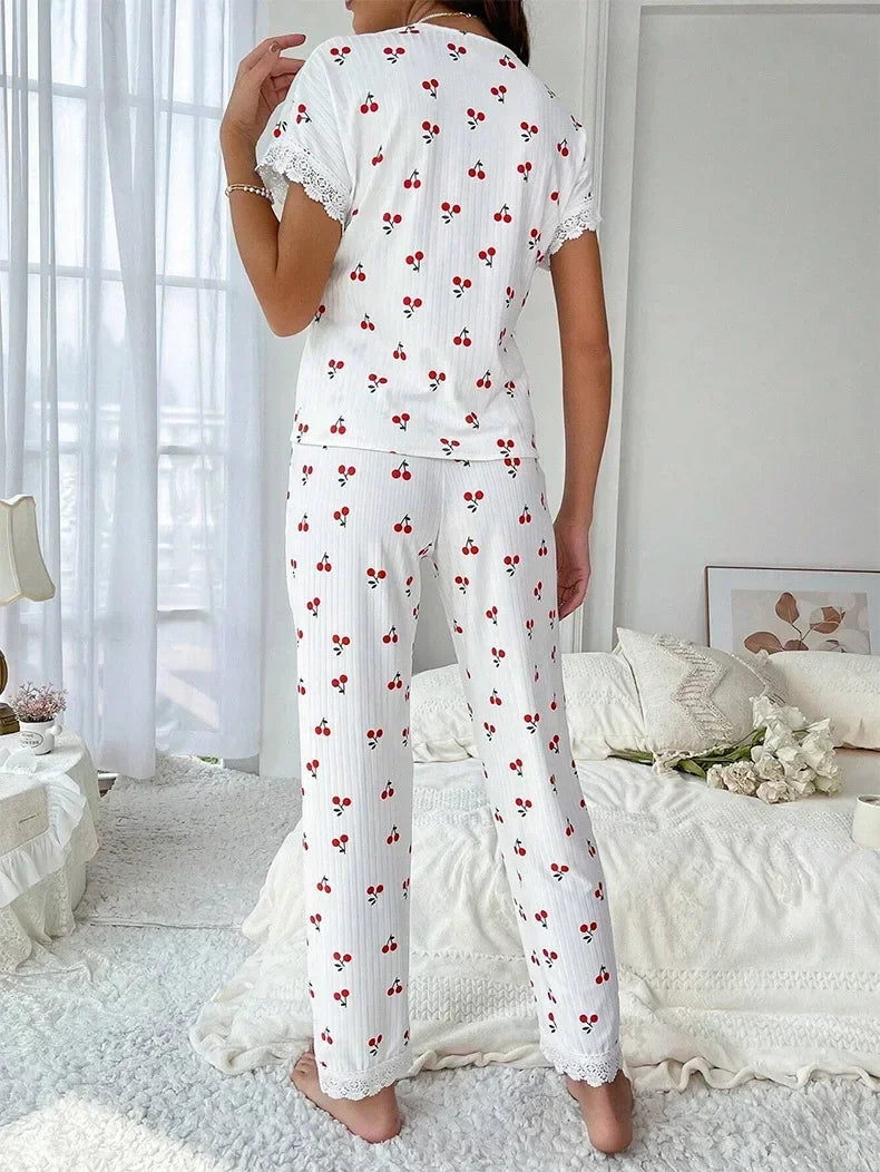 FAYVIOR | Cherry Print Full-Length Nightwear Set