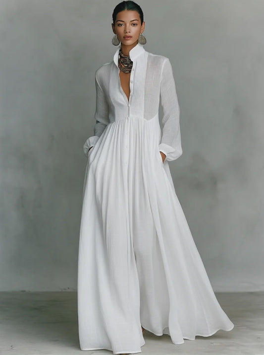 Women's Minimalist Cotton And Linen Patchwork Single-breasted Stand-up Collar Long-sleeved Maxi Dress