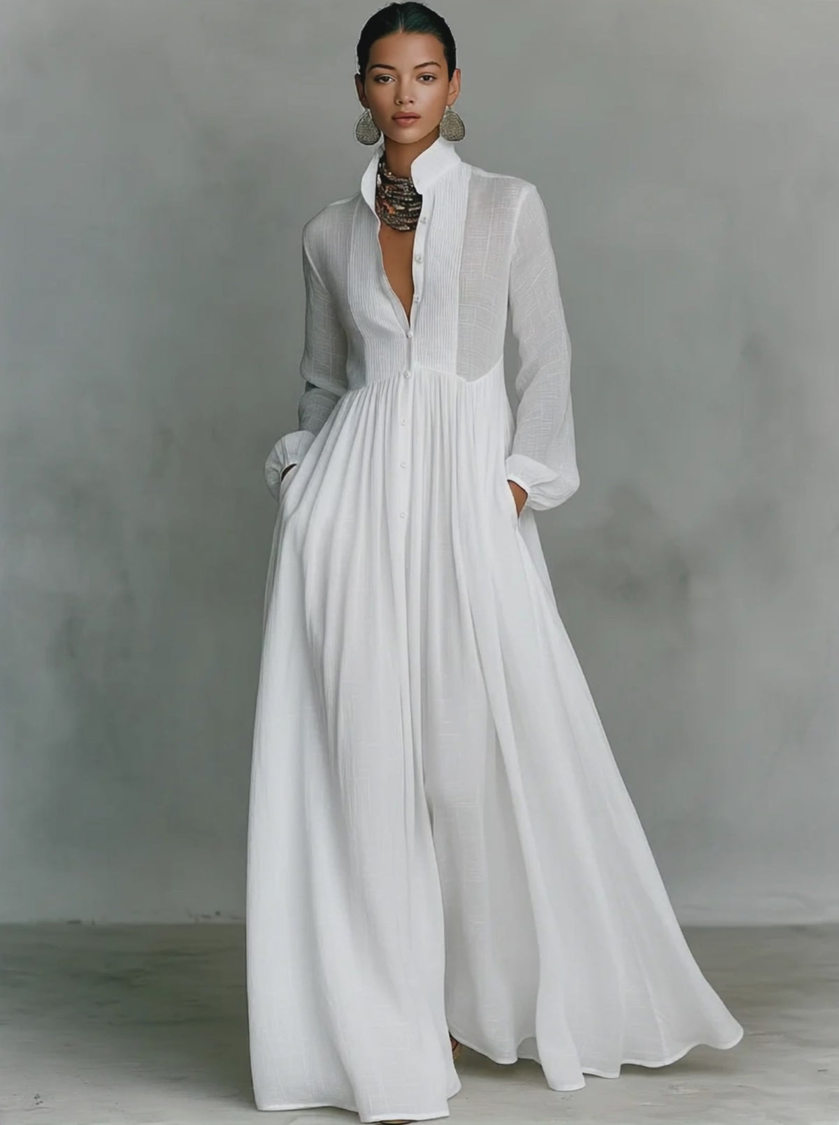 Women's Minimalist Cotton And Linen Patchwork Single-breasted Stand-up Collar Long-sleeved Maxi Dress