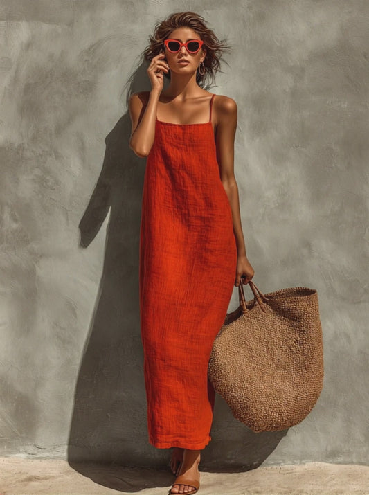 Women's Red Cotton Dress With Spaghetti Straps & Square Neck, Timeless Boho-Resort Style Dress