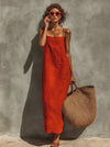 Women's Red Cotton Dress With Spaghetti Straps & Square Neck, Timeless Boho-Resort Style Dress