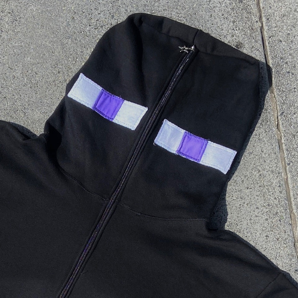 Mens Applique Block Punk Streetwear Patchwork Zip Hoodie