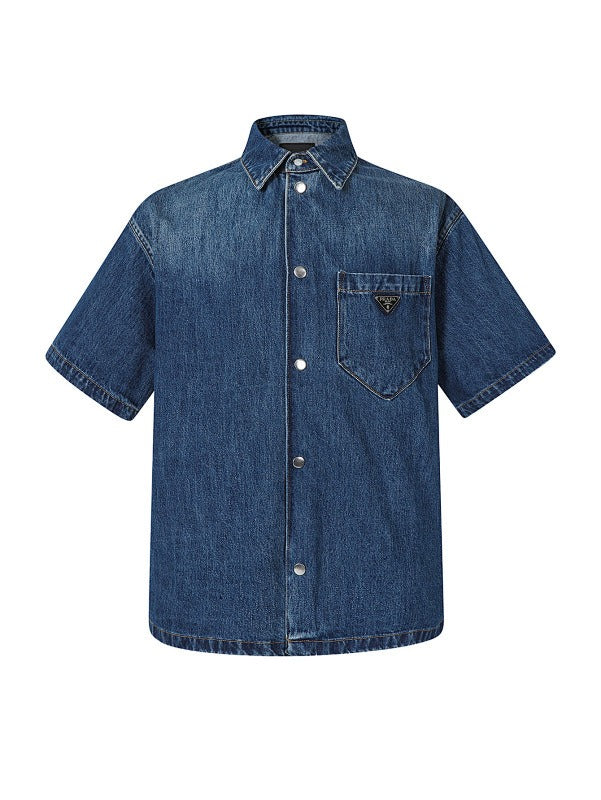 Classic Solid Logo Denim Short Sleeve Shirt