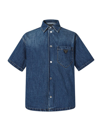 Classic Solid Logo Denim Short Sleeve Shirt