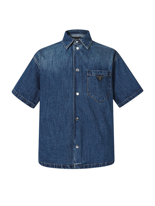 Classic Solid Logo Denim Short Sleeve Shirt