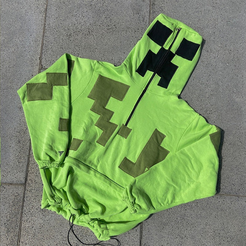 Mens Applique Block Punk Streetwear Patchwork Zip Hoodie