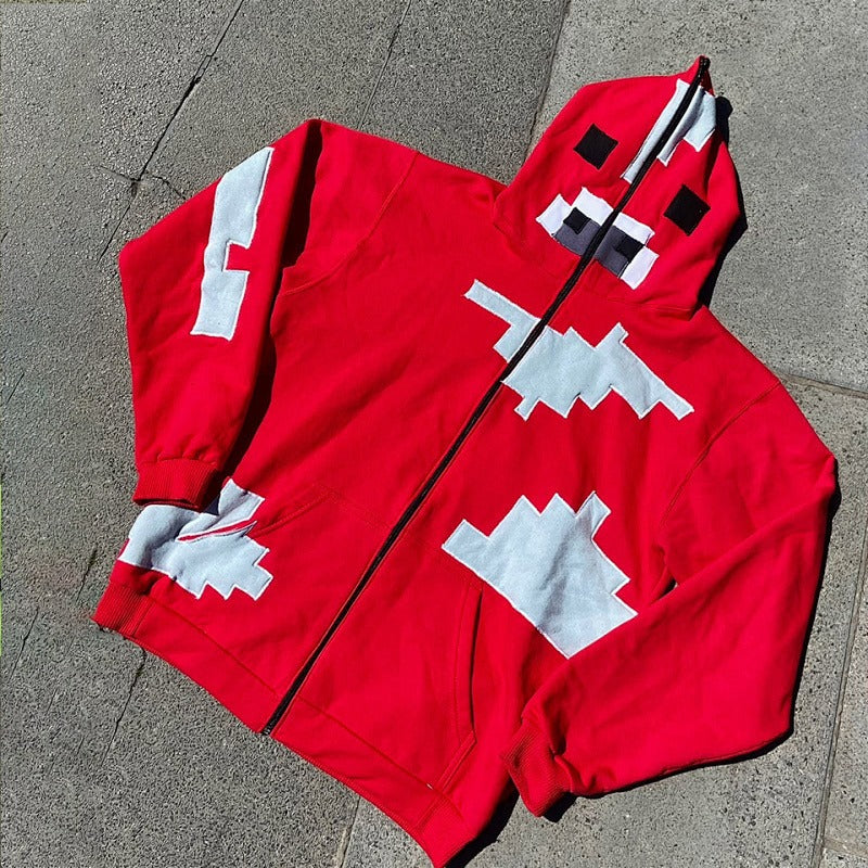 Mens Applique Block Punk Streetwear Patchwork Zip Hoodie