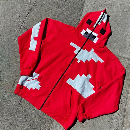 Mens Applique Block Punk Streetwear Patchwork Zip Hoodie
