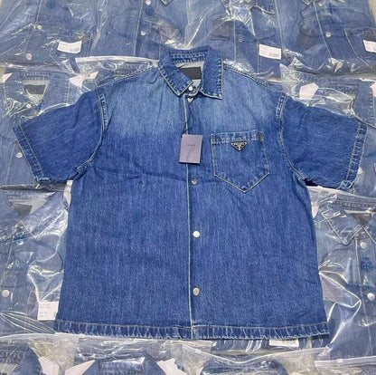 Classic Solid Logo Denim Short Sleeve Shirt