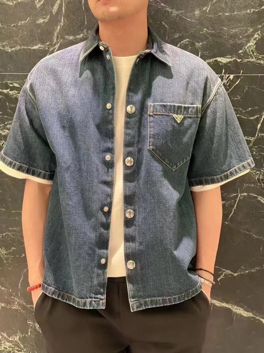 Classic Solid Logo Denim Short Sleeve Shirt